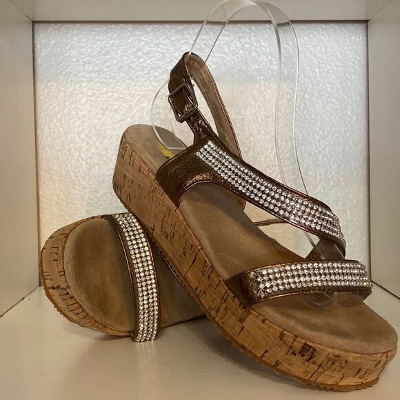 Volatile Rhinestones Leather Platform Cork Brown Tan Ankle Strap Sandals - Picture 5 of 10